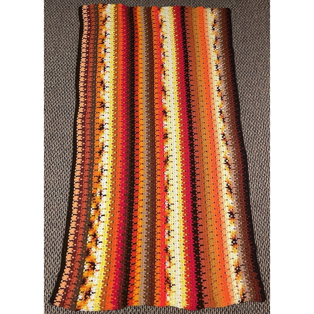 VTG Granny Afghan Handmade Retro Blanket Throw Crochet Orange Brown 71" x 40"